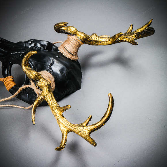 Antelope Devil Gold Deer Horn Skull Ghost Masquerade Mask - Black - Picture 7 of 8